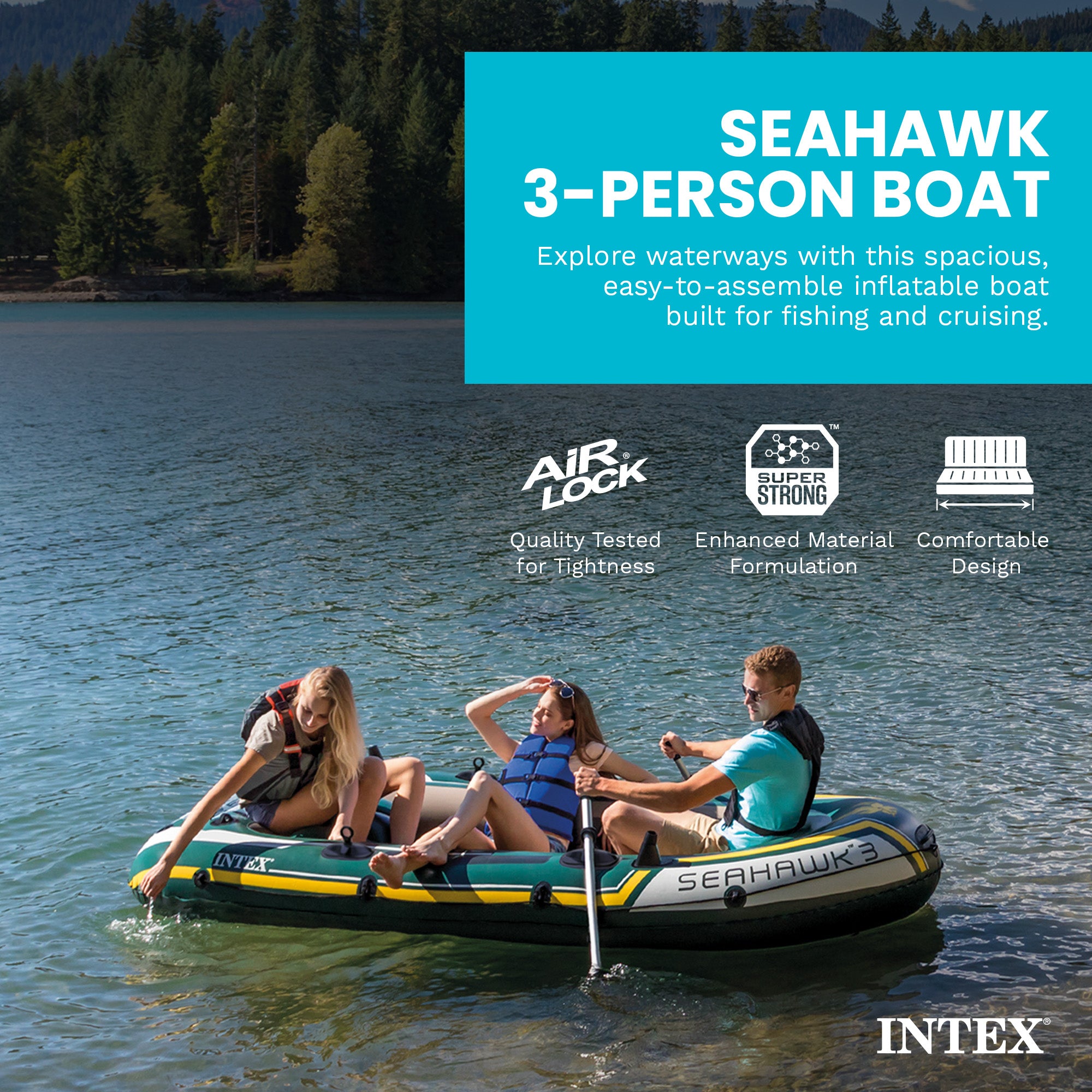 Intex Seahawk 3 Person Inflatable Rafting Boat Set with Aluminum Oars and Pump - VMInnovations