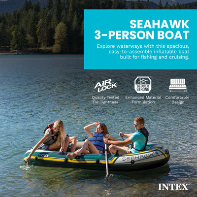 Intex Seahawk 3 Person Inflatable Rafting Boat Set with Aluminum Oars and Pump - VMInnovations