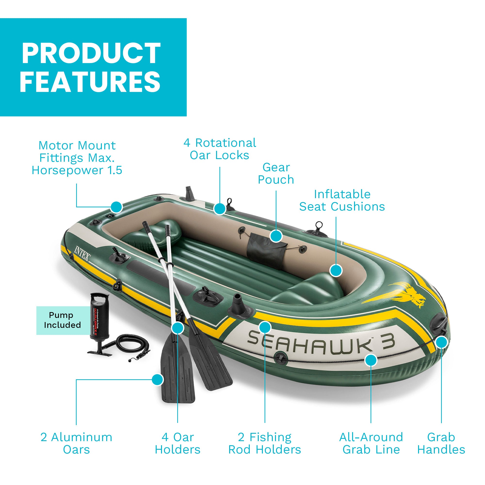 Intex Seahawk 3 Person Inflatable Rafting Boat Set with Aluminum Oars and Pump - VMInnovations
