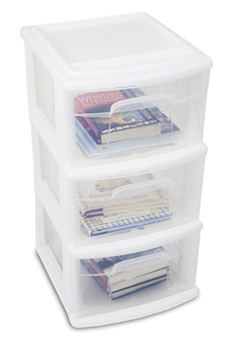 Homz Plastic 3 Drawer Medium Storage Container Tower, Clear Drawers/Purple Frame