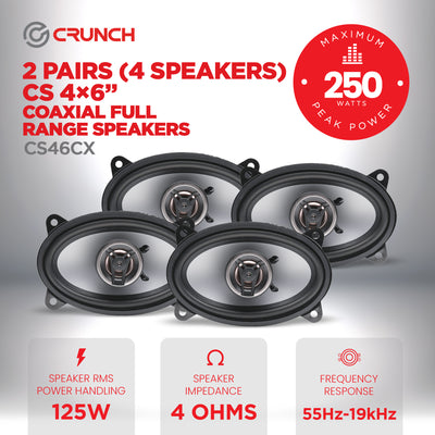 Crunch 4x6 Inch 2-Way Car Speakers, 250W Coaxial Audio System, Black, 2 Pack