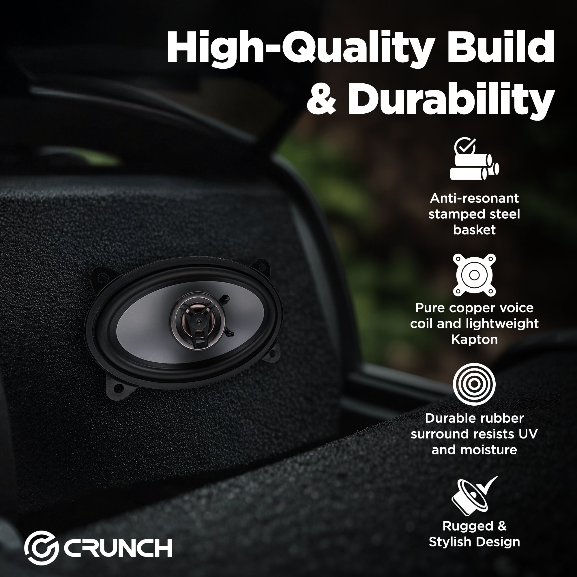 Crunch 4x6 Inch 2-Way Car Speakers, 250W Coaxial Audio System, Black, 2 Pack