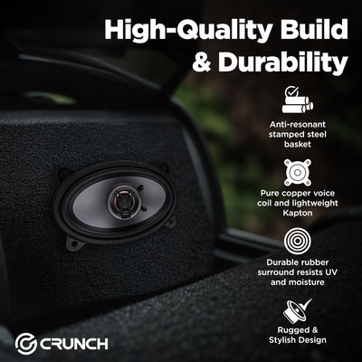Crunch 4x6 Inch 2-Way Car Speakers, 250W Coaxial Audio System, Black, 2 Pack