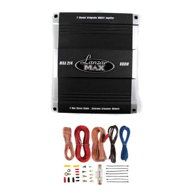 Lanzar 800 Watt Max 2 Channel MOSFET Bridgeable Amplifier + 8 Gauge Wiring Kit