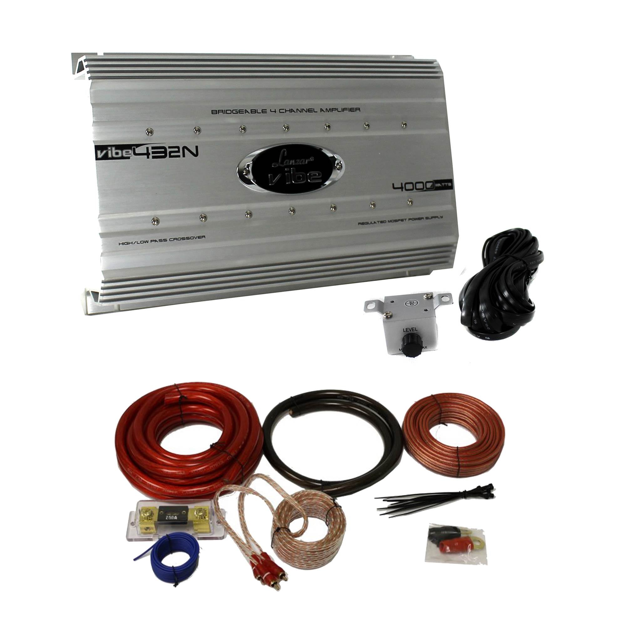 Lanzar 4000 Watt 4 Channel Bridgeable Car Audio Amplifier + 0 Gauge Wiring Kit