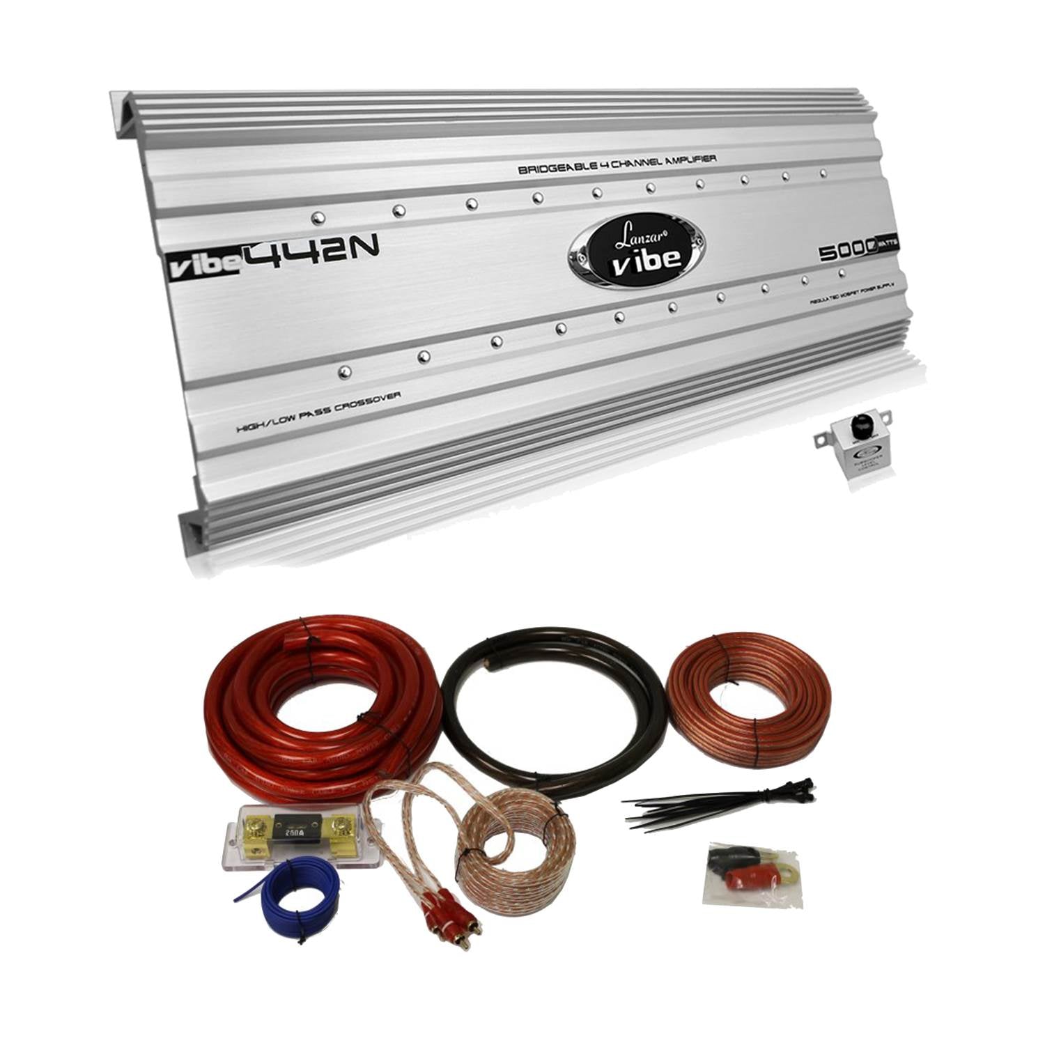 Lanzar 5000 Watt 4 Channel Bridgeable Car Audio Amplifier + 0 Gauge Wiring Kit