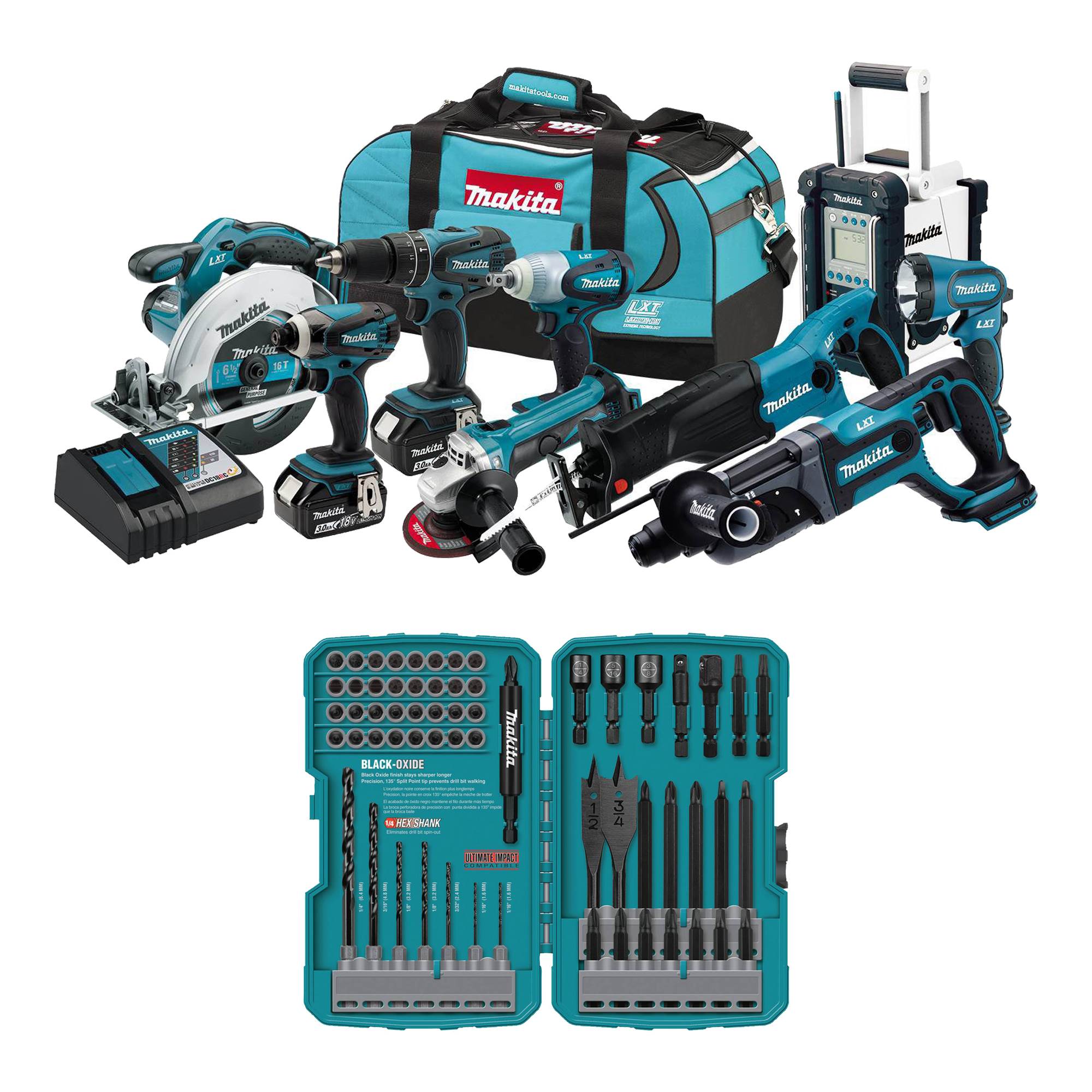Makita 18V LXT Lithium-Ion Cordless 9-Piece Power Tool Combo Kit + 70 Pc Bit Set