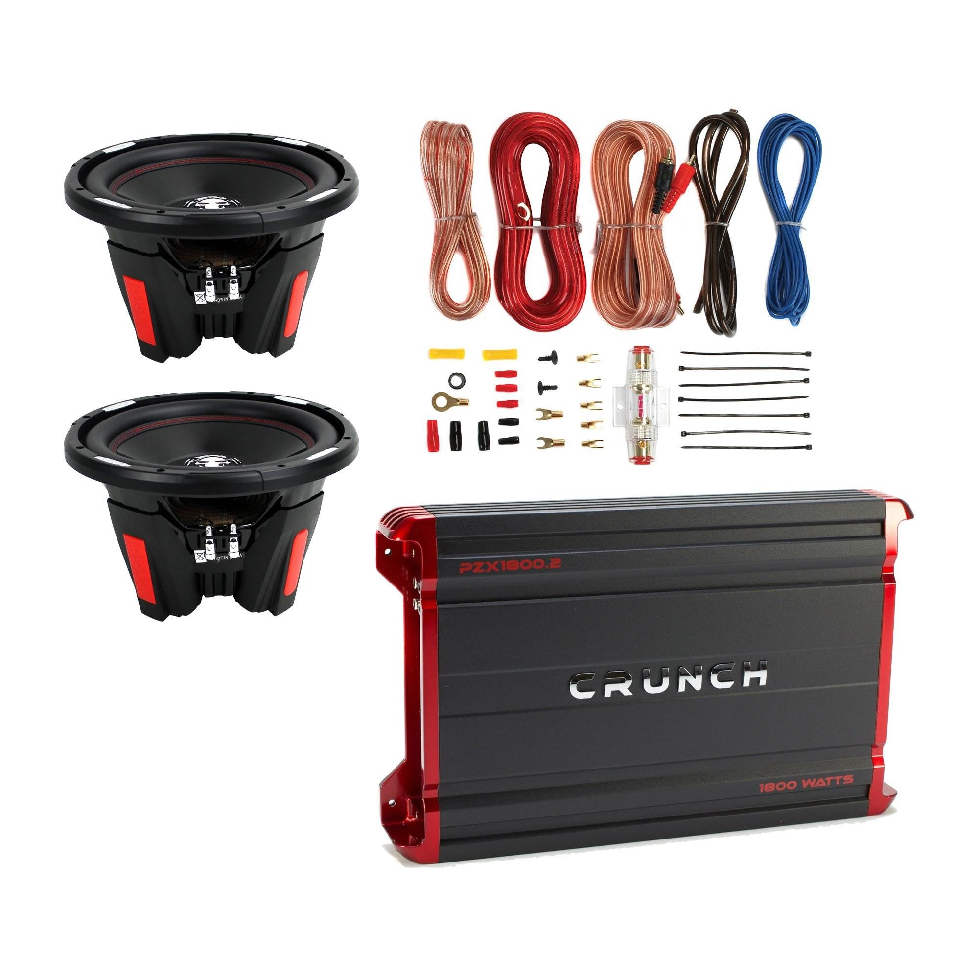 Crunch 1800W 2 Channel Amplifier + 12" 2300W Subwoofer (2 Pack) + 8 Ga. Wire Kit