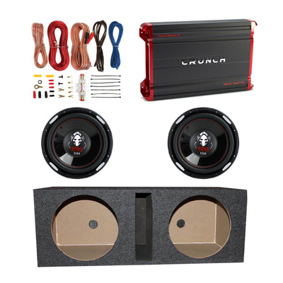 Crunch 1800W Amplifier + 12" 2300W Subwoofer (2 Pack) + Enclosure Box + Wiring