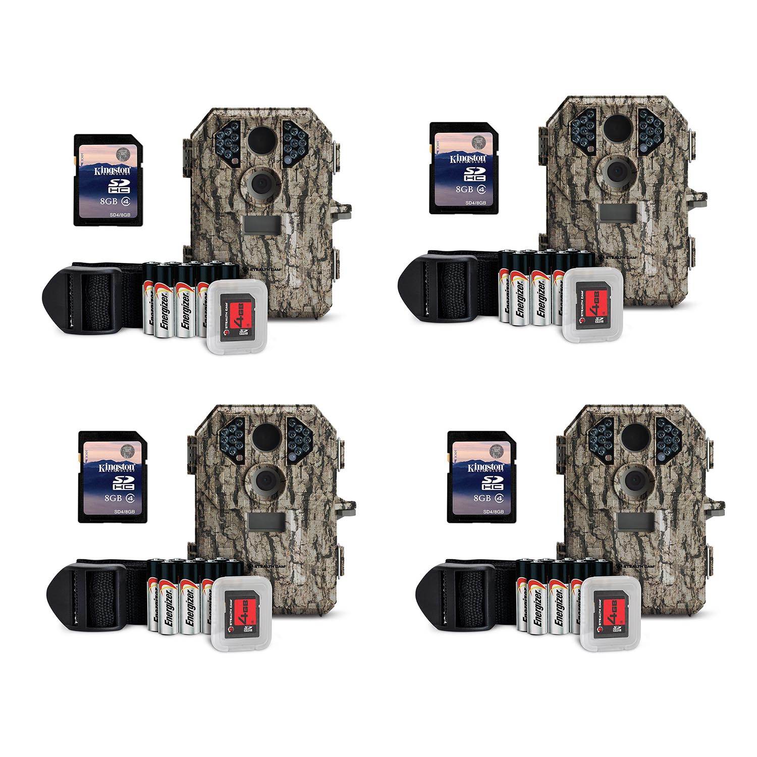 Stealth Cam P18CMO 7MP Infrared Game Trail Camera (4 Pack) + SD Cards (4 Pack)