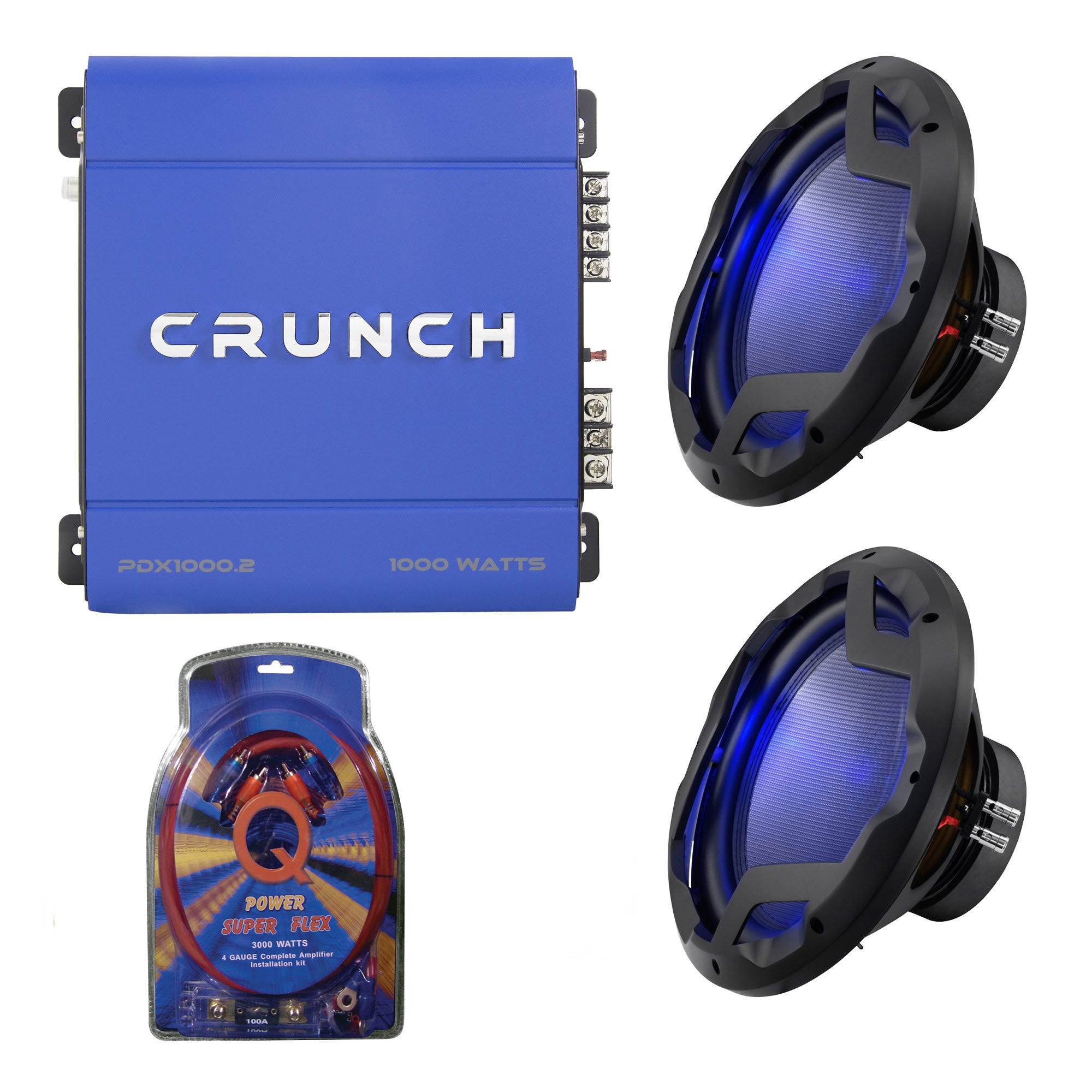 Crunch 1000W Exclusive Blue Amplifier + 12 in. 1600W Subwoofer (2 Pack) + Wiring