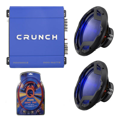 Crunch 1000W Exclusive Blue Amplifier + 12 in. 1600W Subwoofer (2 Pack) + Wiring