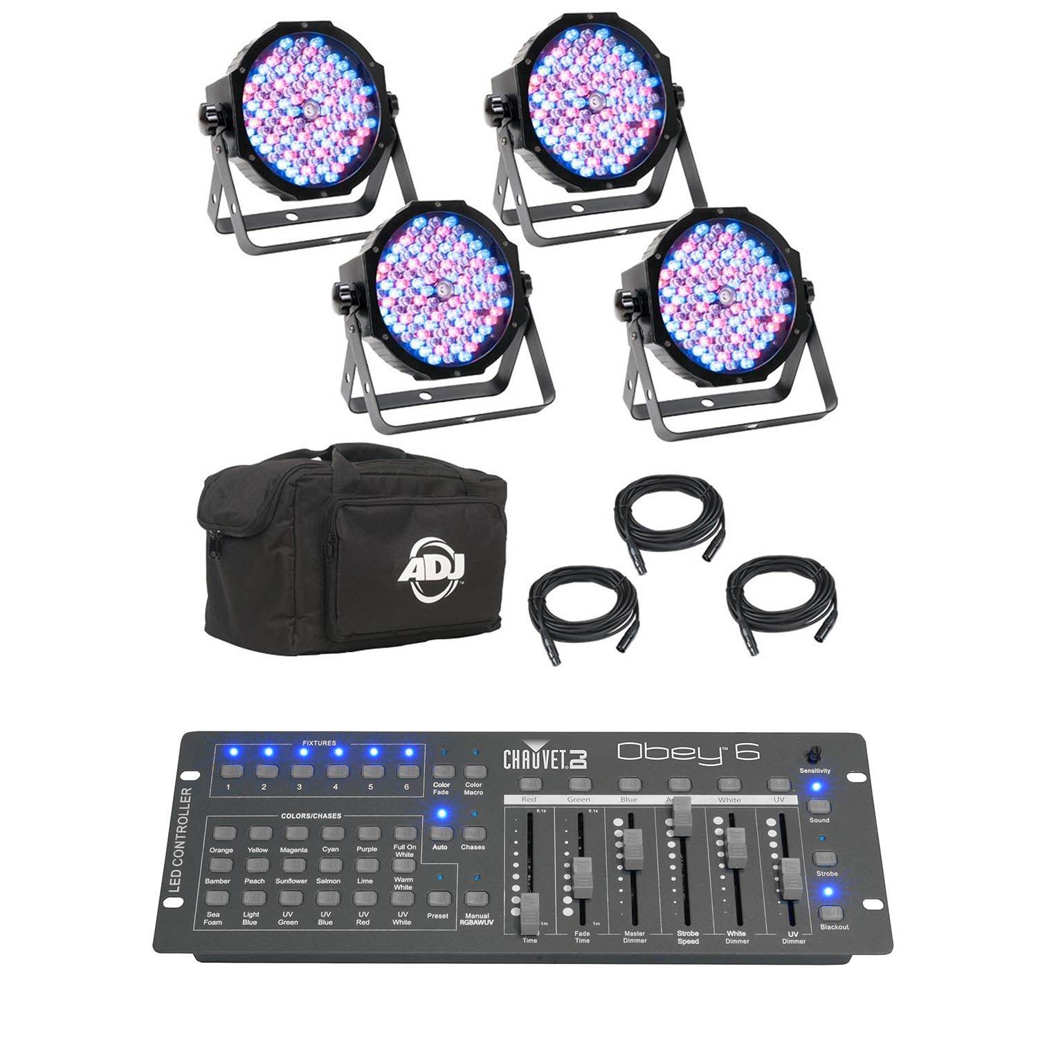 American DJ Mega Flat Pak Plus with UV LED Set + Chauvet Obey 6 DMX Controller