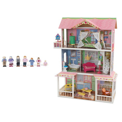 KidKraft Sweet Savannah 3 Level Wooden Dollhouse with Furniture + Doll Family