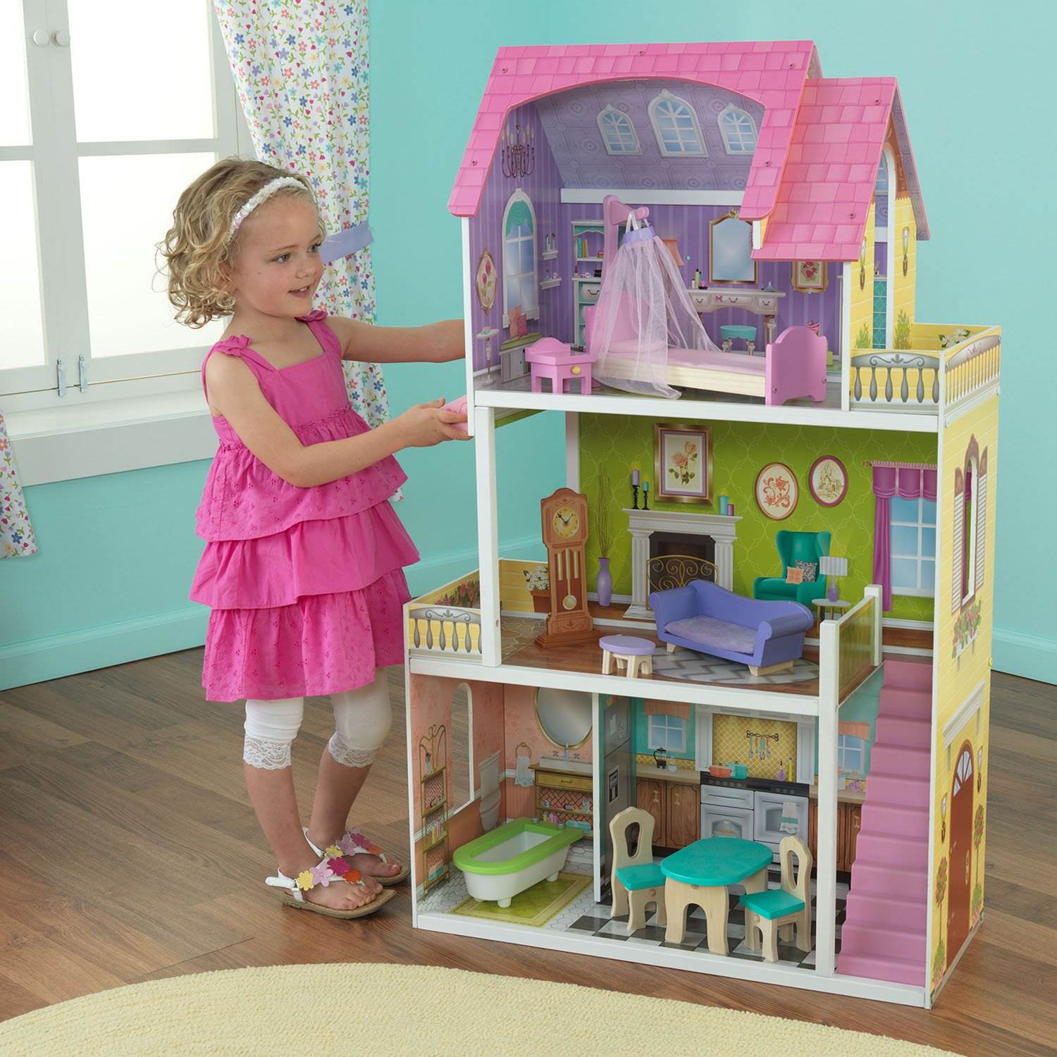 KidKraft Florence 3-Floor Wooden Dollhouse with Furniture + Wooden Doll Family