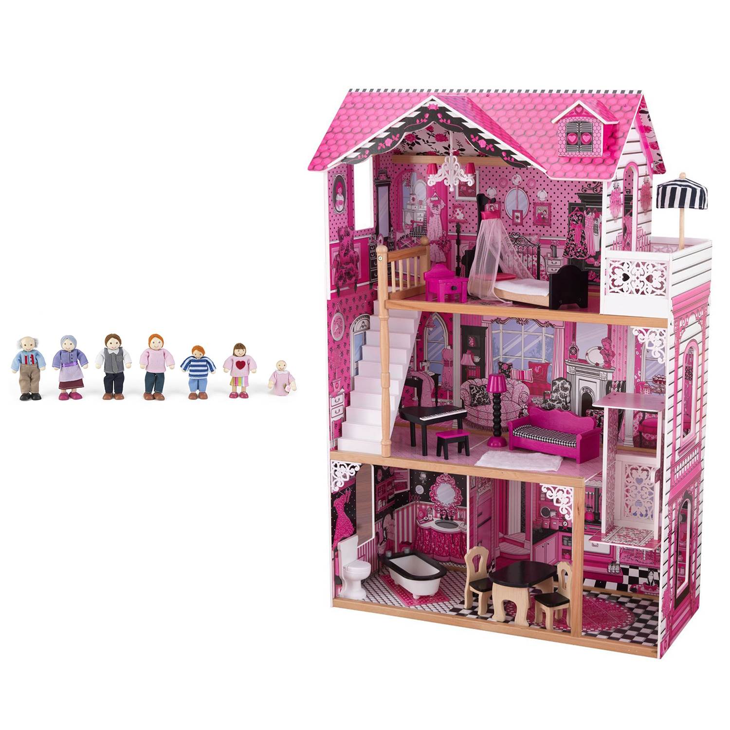 KidKraft Wooden Amelia Play Wooden Dollhouse with Furniture + Doll Family of 7