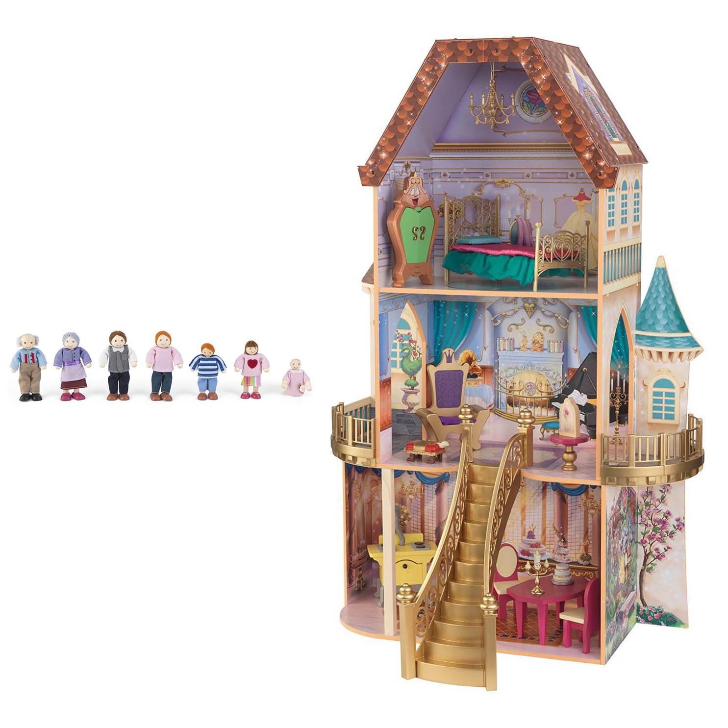 KidKraft Belle's Enchanted 3 Floor Wooden Pretend Play Dollhouse + Doll Family