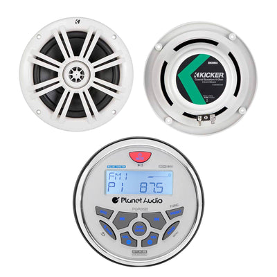 Kicker 6.5 Inch 150W Marine Speakers (2 Pack) & 3.5 Inch Bluetooth Boat Receiver