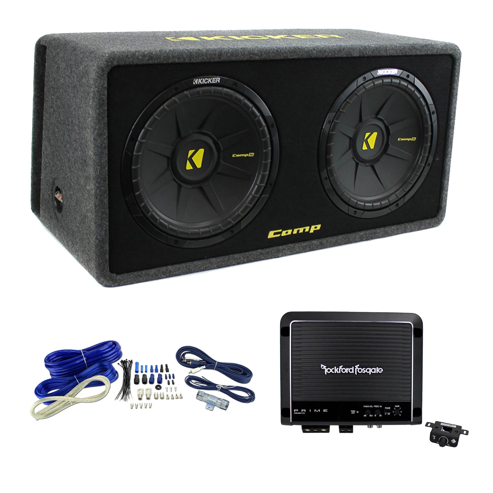Kicker 10in. 1200W Dual Loaded Subwoofer Enclosure + 500W Amplifier + Wiring Kit