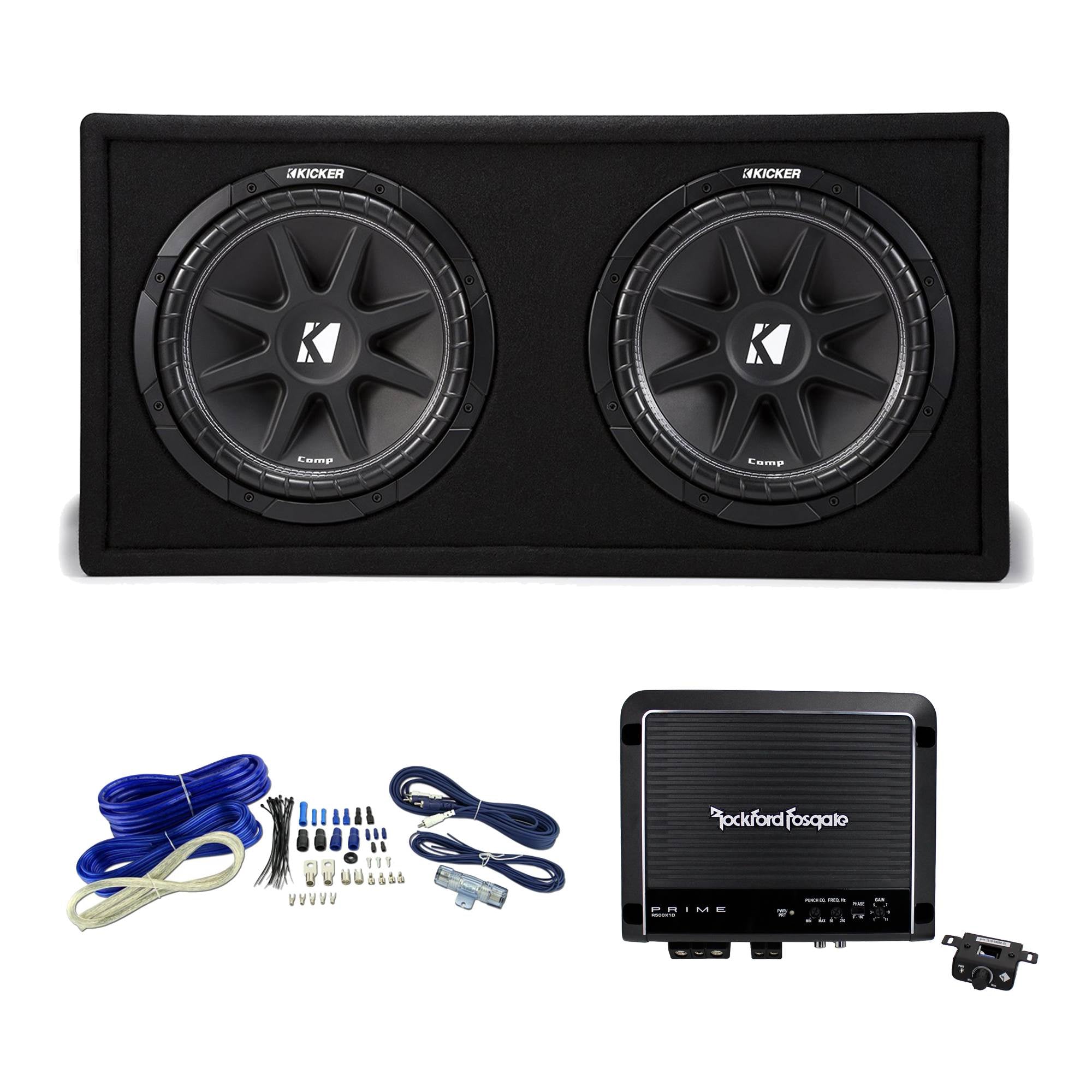 Kicker 12 in. 600W Dual Loaded Subwoofer Enclosure + 500W Amplifier + Wiring Kit