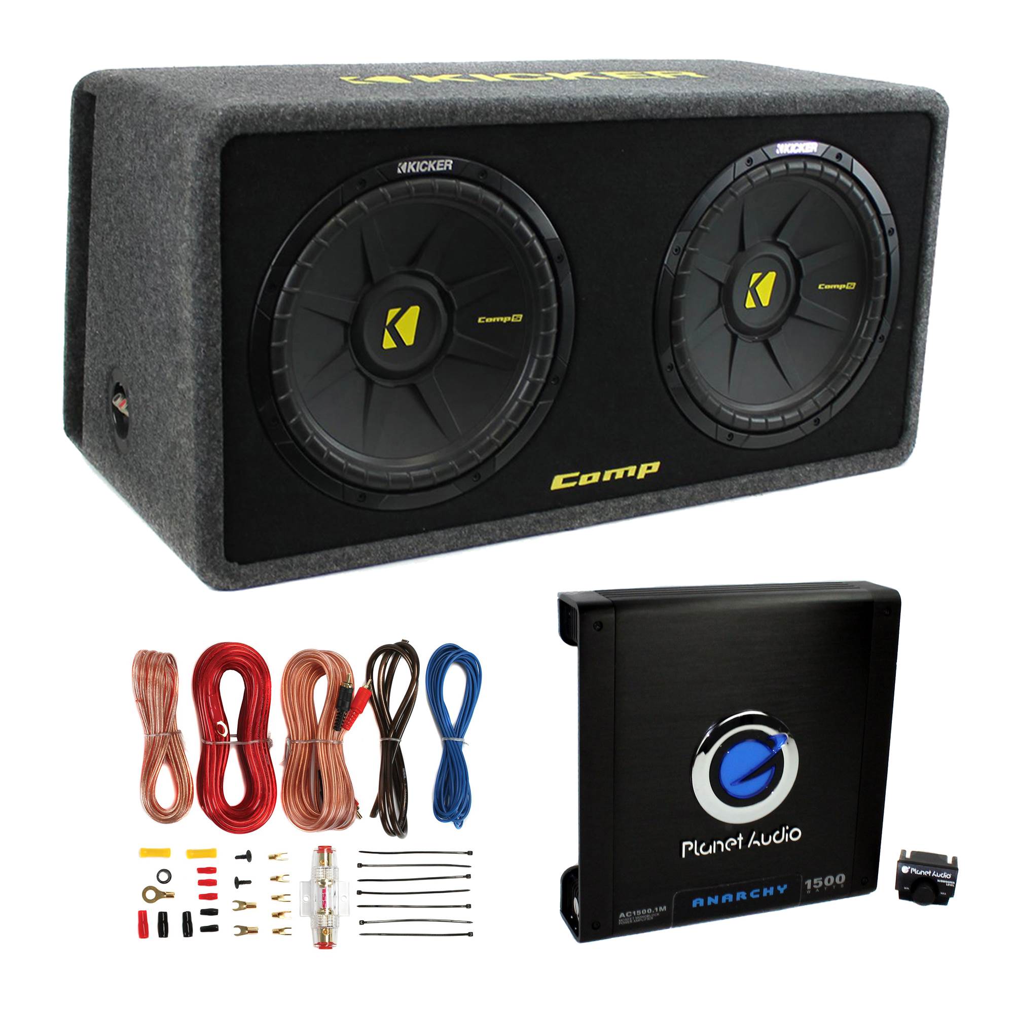 Kicker 10in. 1200W Dual Loaded Subwoofer Enclosure + 1500W Amplifier + Wire Kit