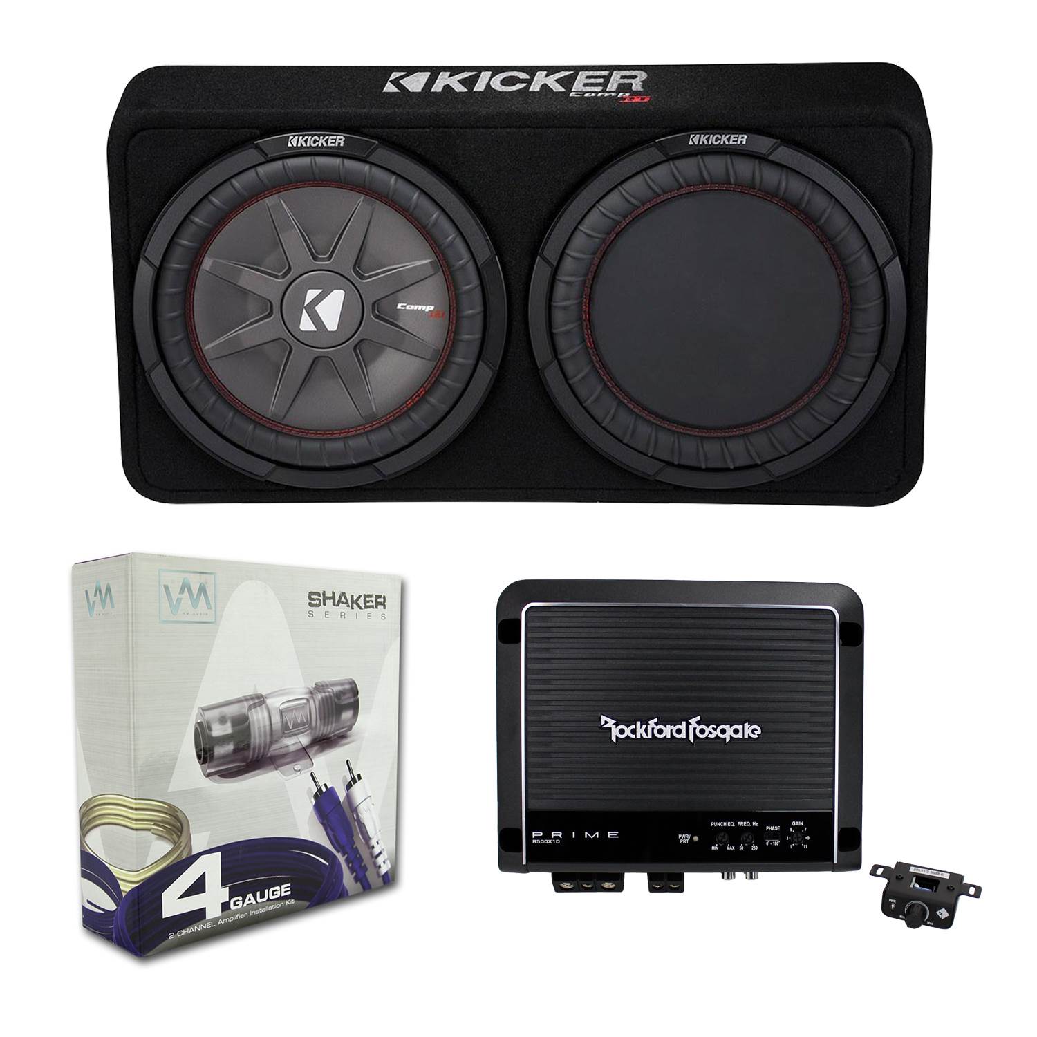Kicker 1000W Dual 12" Slim Loaded Subwoofer Enclosure + 500W Amplifier + Wiring