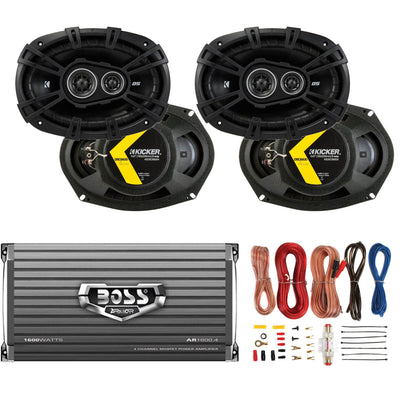 Kicker 6x9" 360W Car Speakers (4 Pack), Boss 1600W Amplifier, and 8 Gauge Wiring