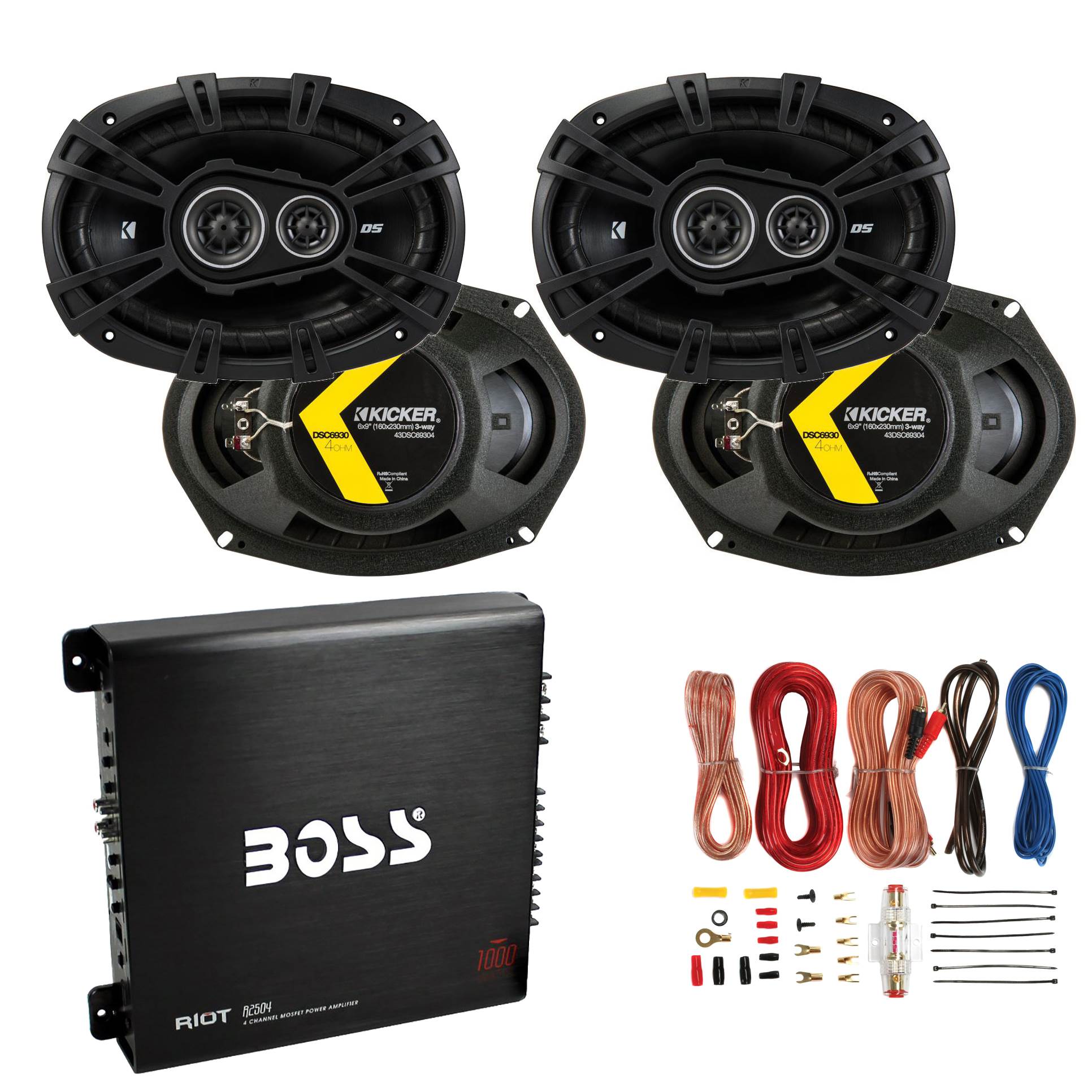 Kicker 6x9" 360W Car Speakers (4 Pack), Boss 1000W Amplifier, and 8 Gauge Wiring