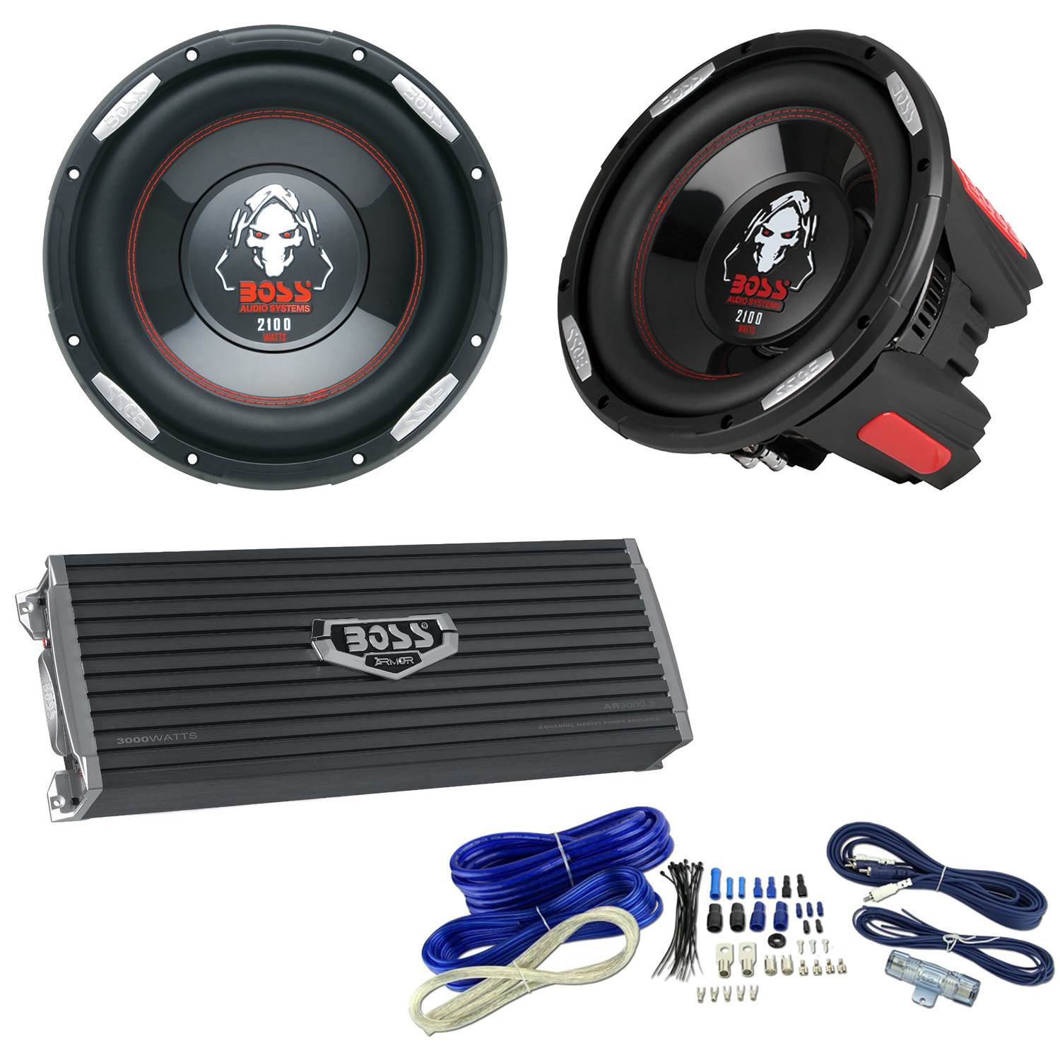 Boss 10" 2100W Subwoofer (Pair) + 3000W 2 Channel Amplifier + 4-Gauge Wiring Kit
