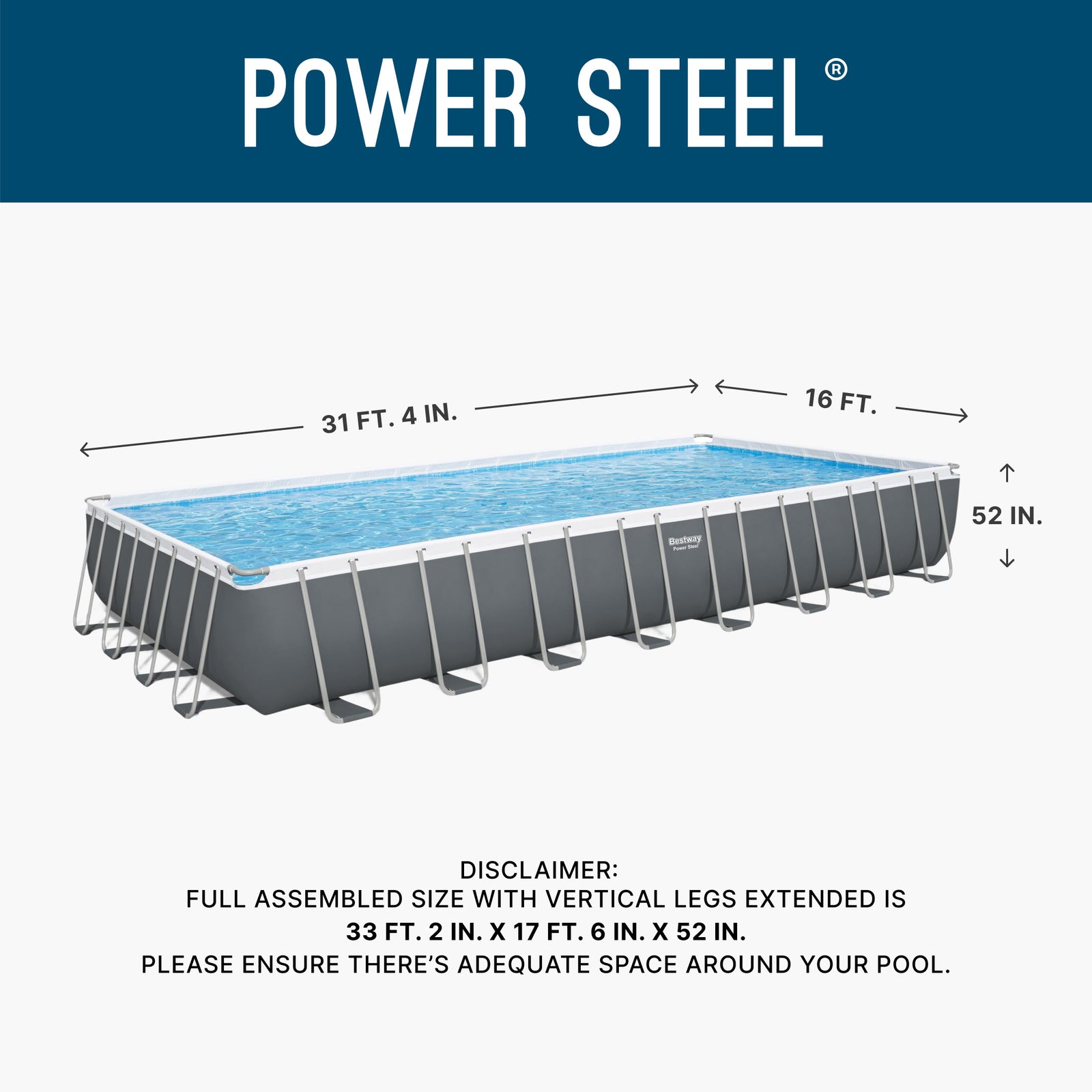 Bestway Power Steel 31'4" x 16' x 52" Rectangular Above Ground Swimming Pool Set Inflatable - VMInnovations