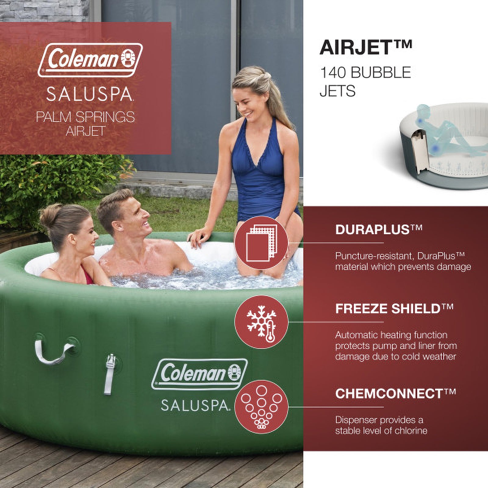 Coleman SaluSpa 6 Person Round Portable Inflatable Outdoor Hot Tub Spa, Green - VMInnovations