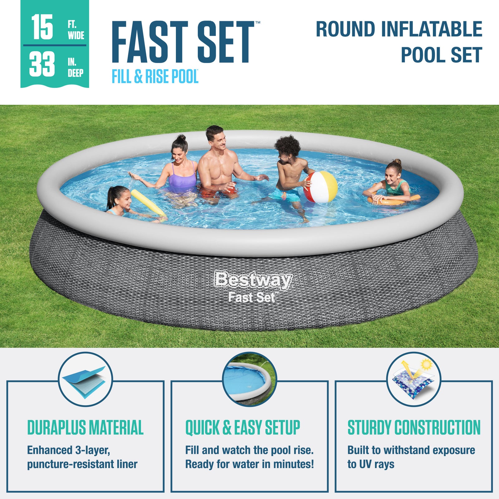 Bestway Fast Set 15'x33" Round Inflatable Outdoor Above Ground Swimming Pool Set - VMInnovations
