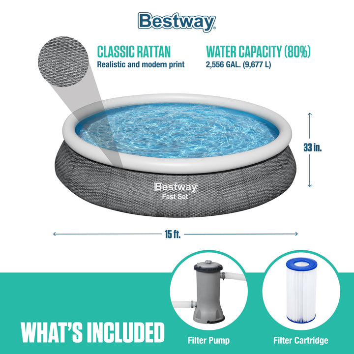 Bestway Fast Set 15'x33" Round Inflatable Outdoor Above Ground Swimming Pool Set
