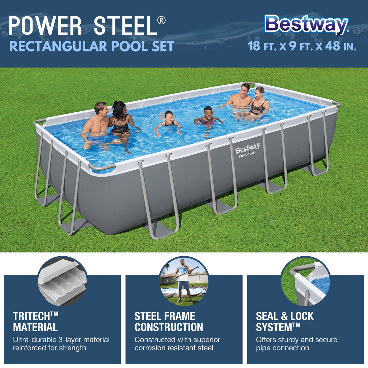 Bestway Power Steel 18' x 9' x 48” Metal Frame Pool with Deluxe Maintenance Kit