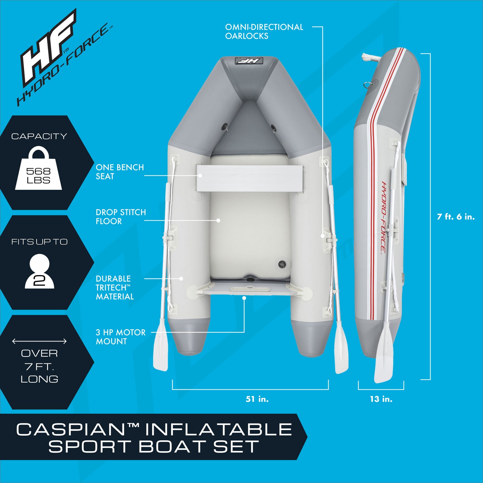 Bestway Hydro-Force Caspian Inflatable 2 Person Boat Set with Oars and Pump - VMInnovations