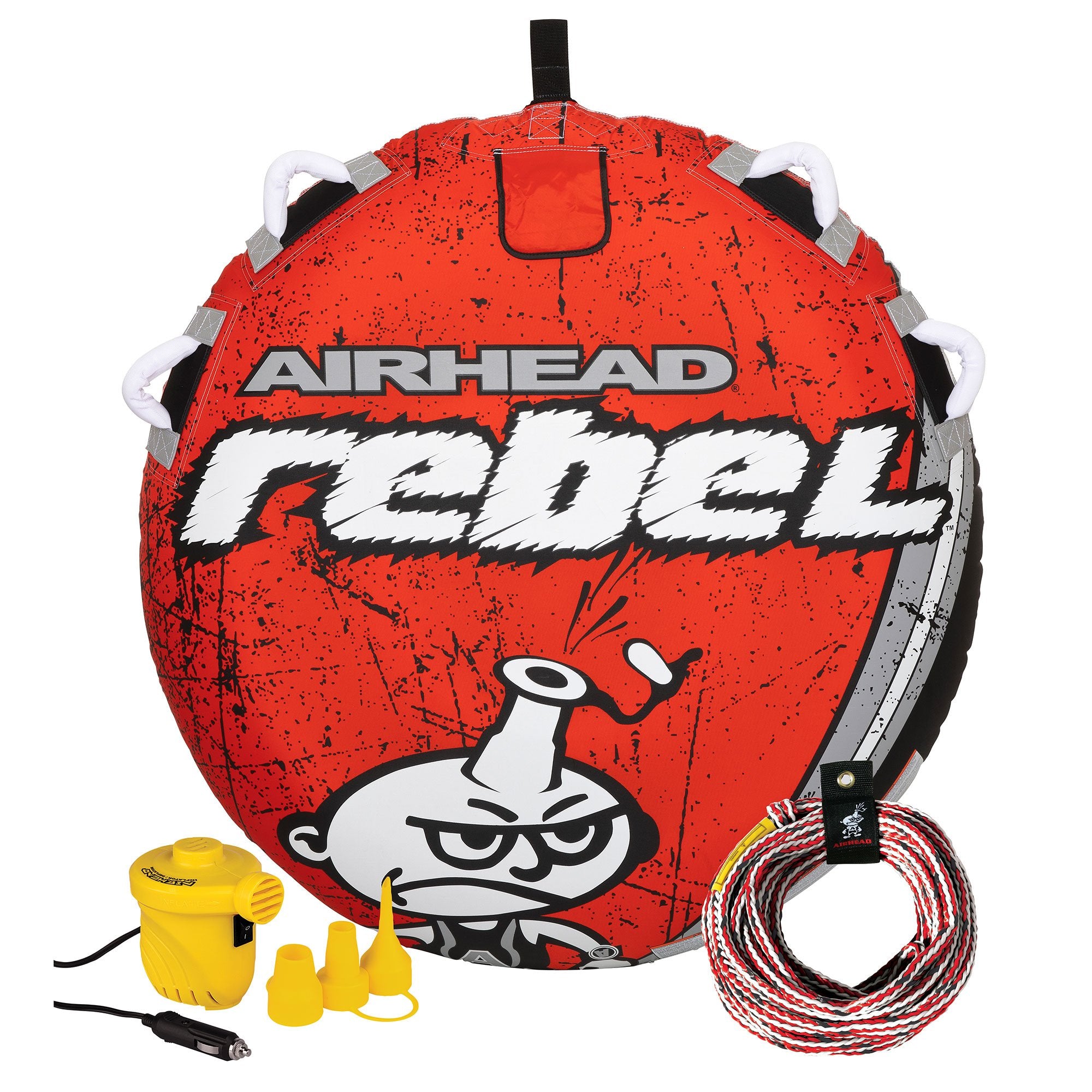 Durable Red Towable Tube Kit & Pump Bundled w/ AIRHEAD Rebel Tube Rope Pump Kit