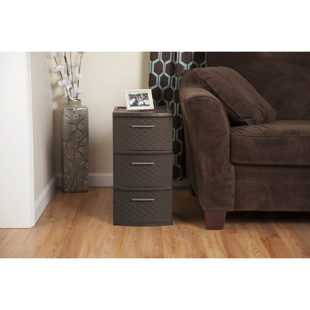 Sterilite 3 Drawer Wicker Weave Decorative Storage Tower, Espresso (Open Box)