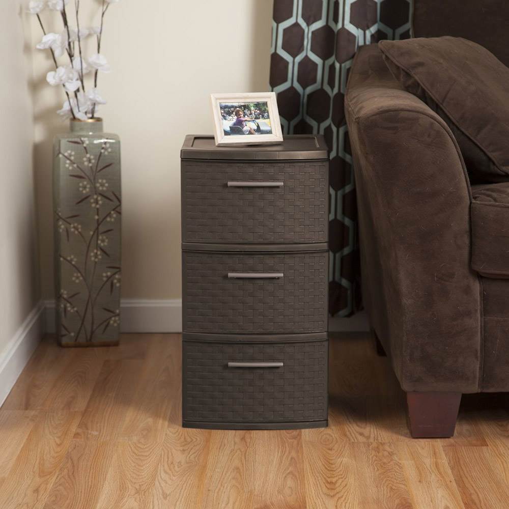 Sterilite 3 Drawer Wicker Weave Decorative Storage Tower, Espresso (Open Box)