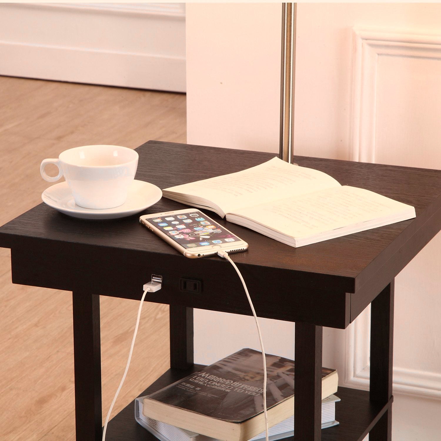 Brightech Nightstand Side Table w/ Built In Lamp and USB Port, Black (For Parts)