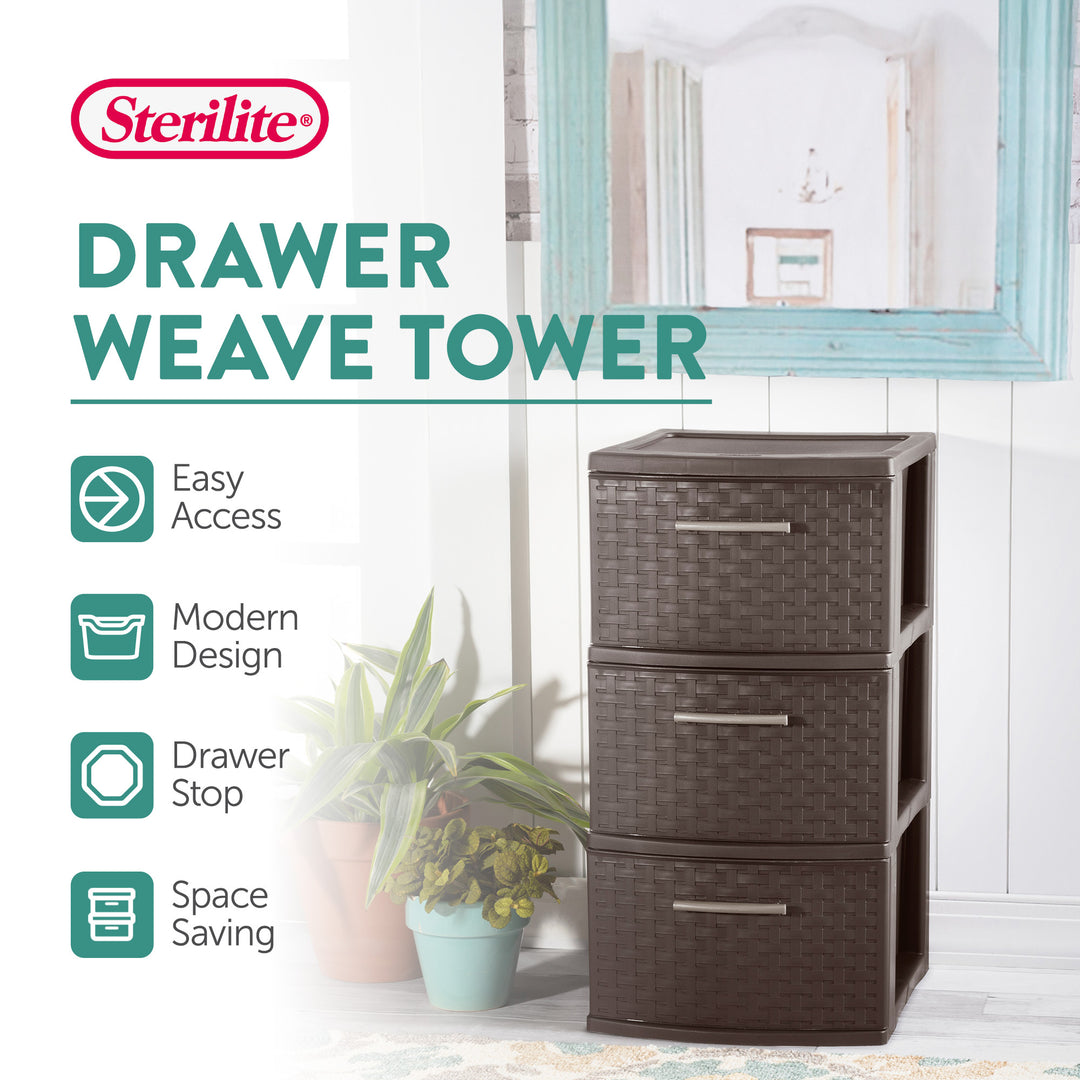 Sterilite 3 Drawer Decorative Plastic Weave Storage Tower, 6-Pack, Espresso