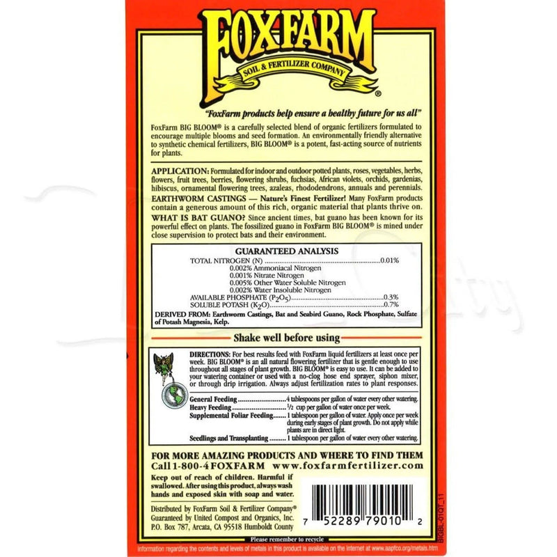 FoxFarm FX14091 Big Bloom Liquid Concentrate Organic Plant Food, 1 Pint