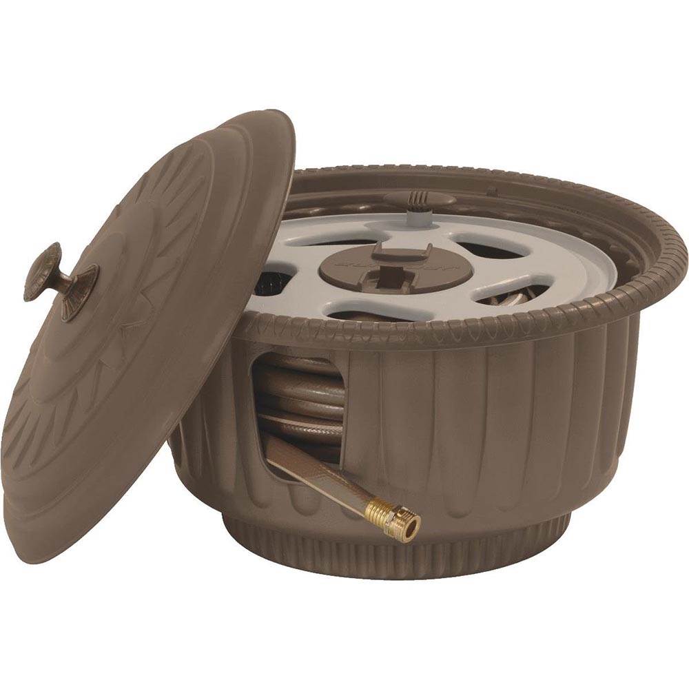 Suncast 50' Water Hose Reel Hideaway Storage Garden Planter, Mocha HRP60 (Used)
