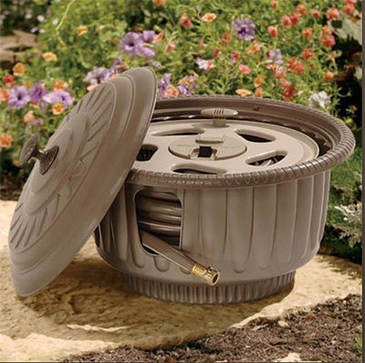 Suncast 50' Water Hose Reel Hideaway Storage Garden Planter, Mocha HRP60 (Used)