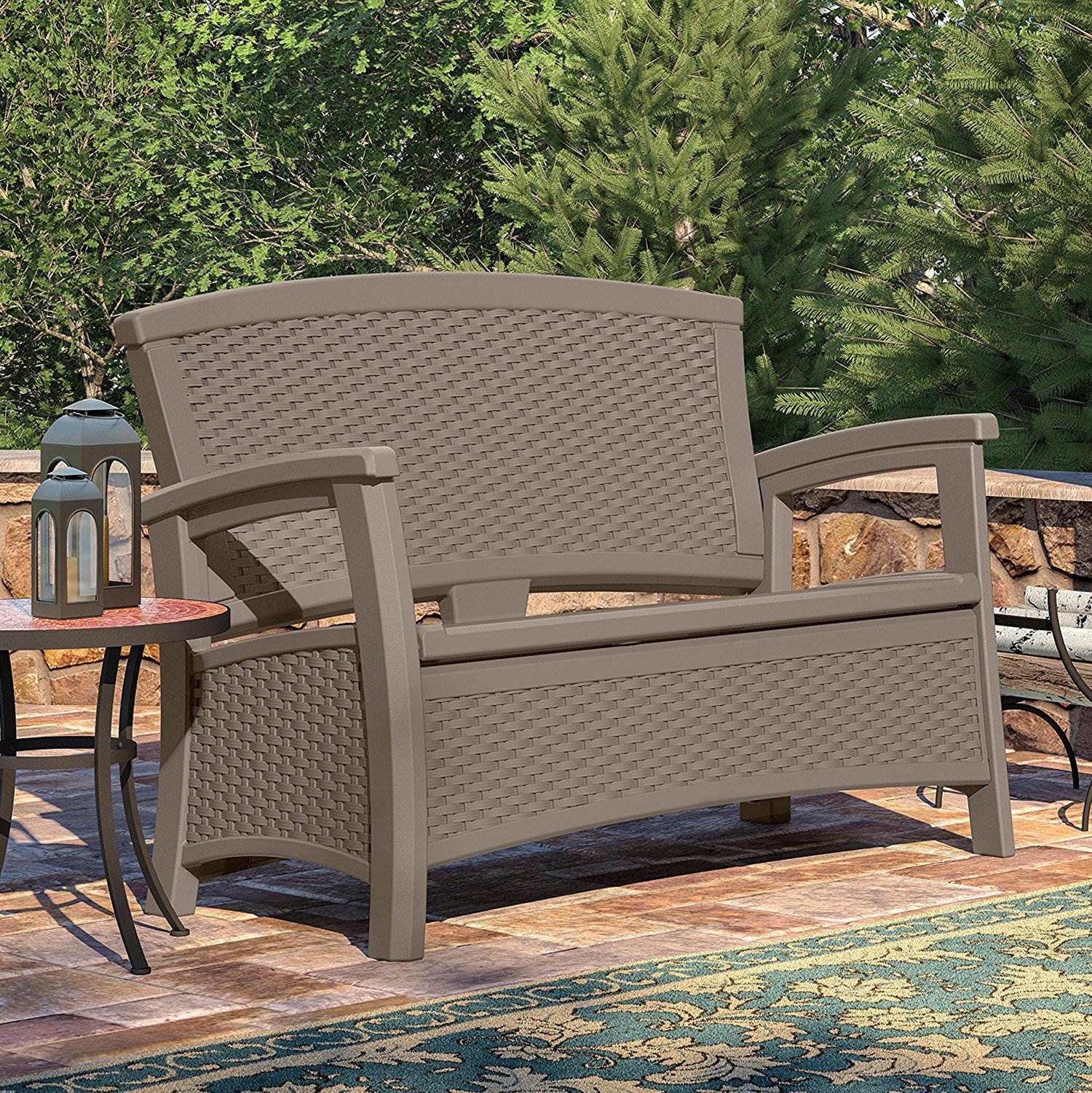 Suncast Elements Wicker Design Loveseat with Storage, Dark Taupe | (Used)