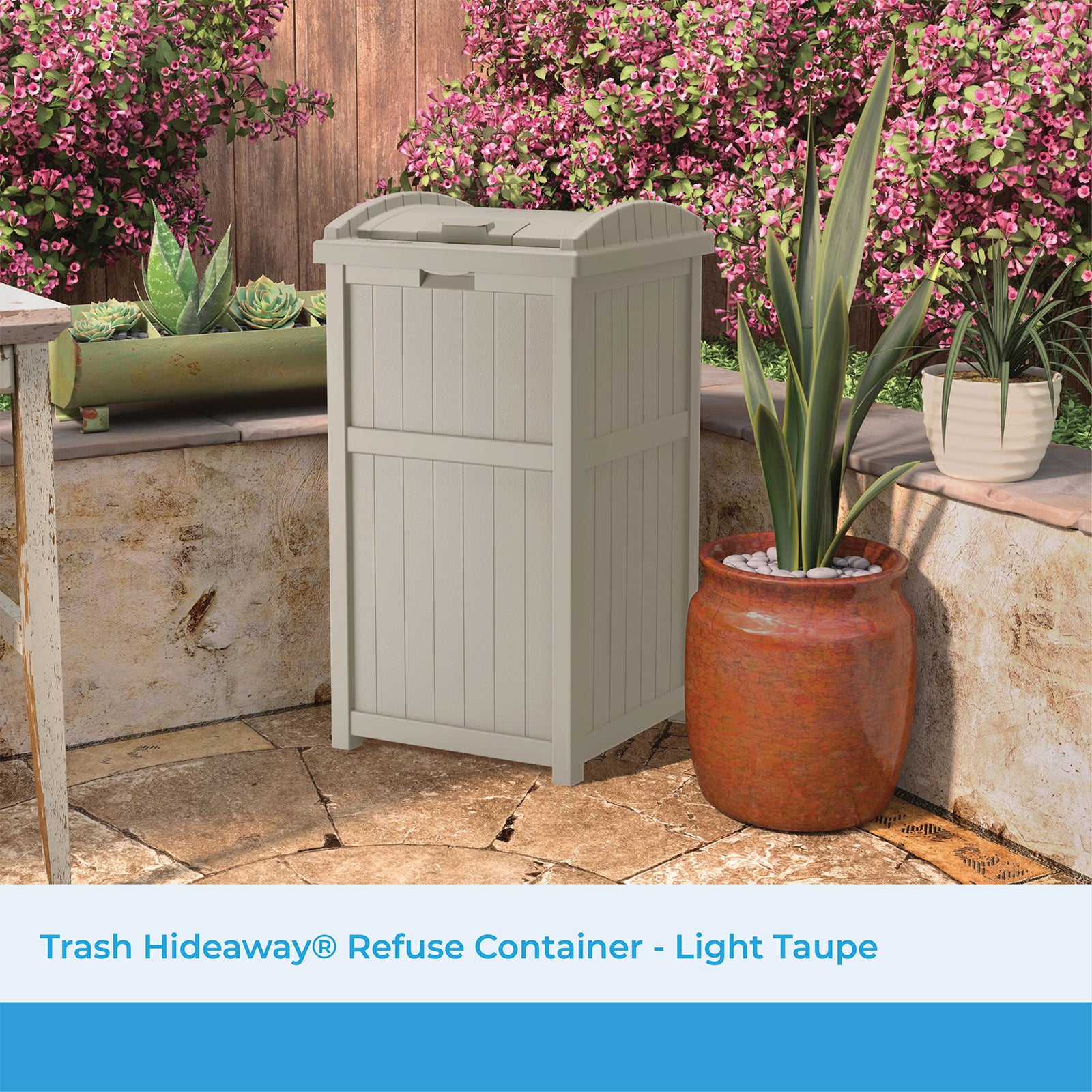 Suncast GH1732 Trash Hideaway 33 Gallon Resin Outdoor Garbage Container, Taupe - VMInnovations