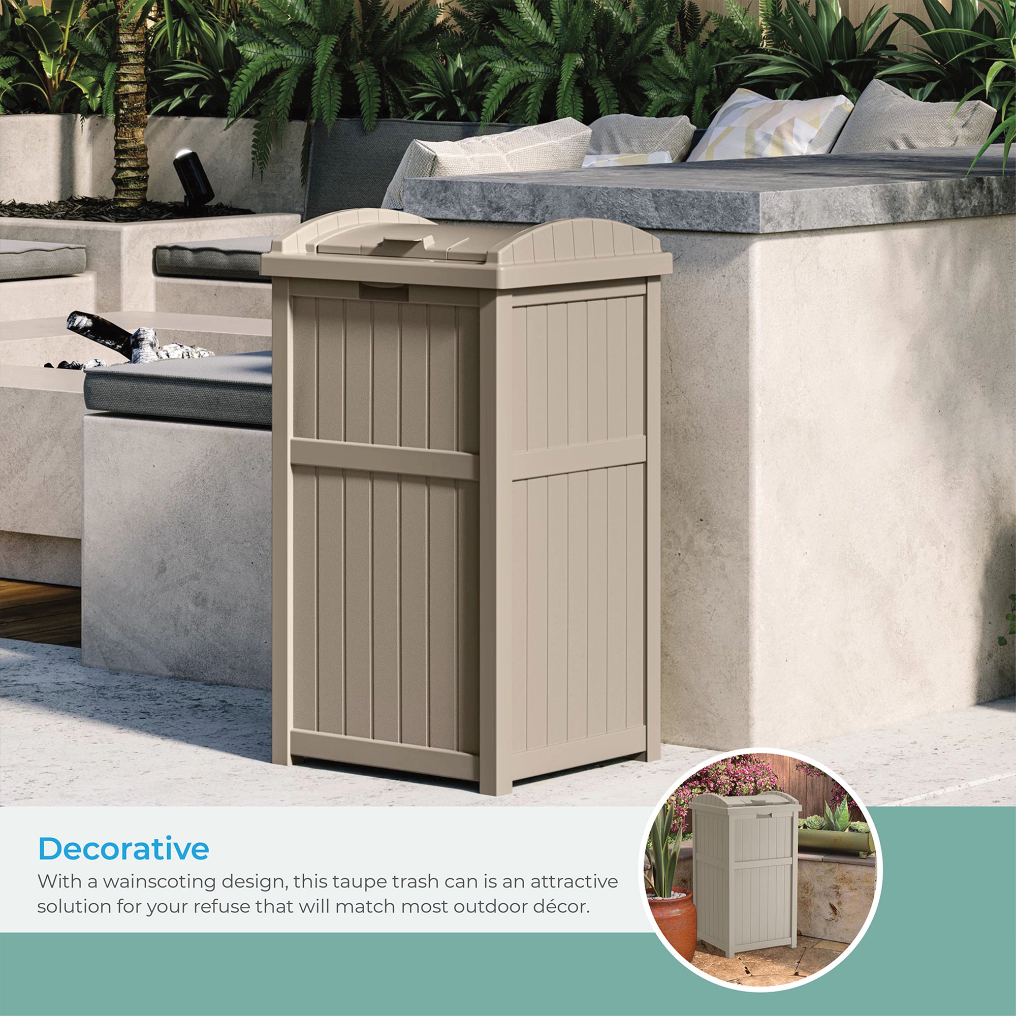 Suncast GH1732 Trash Hideaway 33 Gallon Resin Outdoor Garbage Container, Taupe - VMInnovations