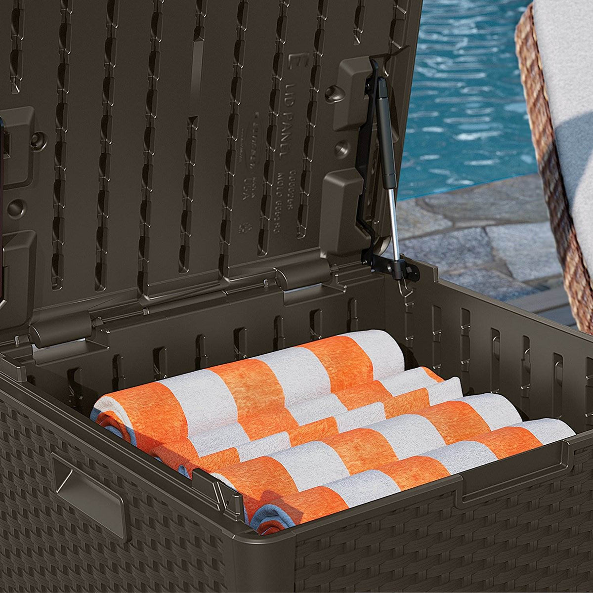 Suncast 60 Gal. Resin Wicker Design Cube Shape Storage Deck Box, Java (Open Box)