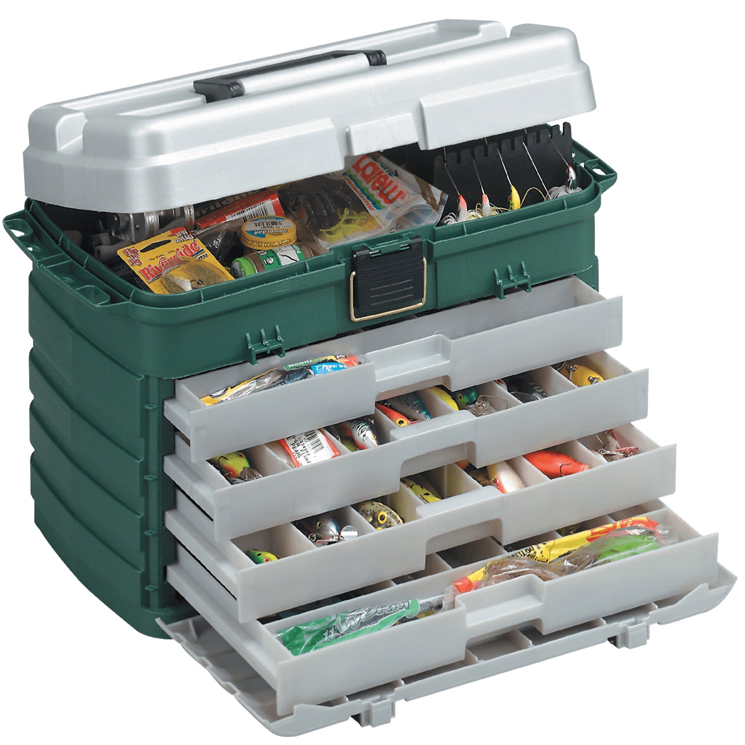 Plano Fishing Gear Organizer Tackle Box w/ Removable Bait Racks & 4 Trays, Green