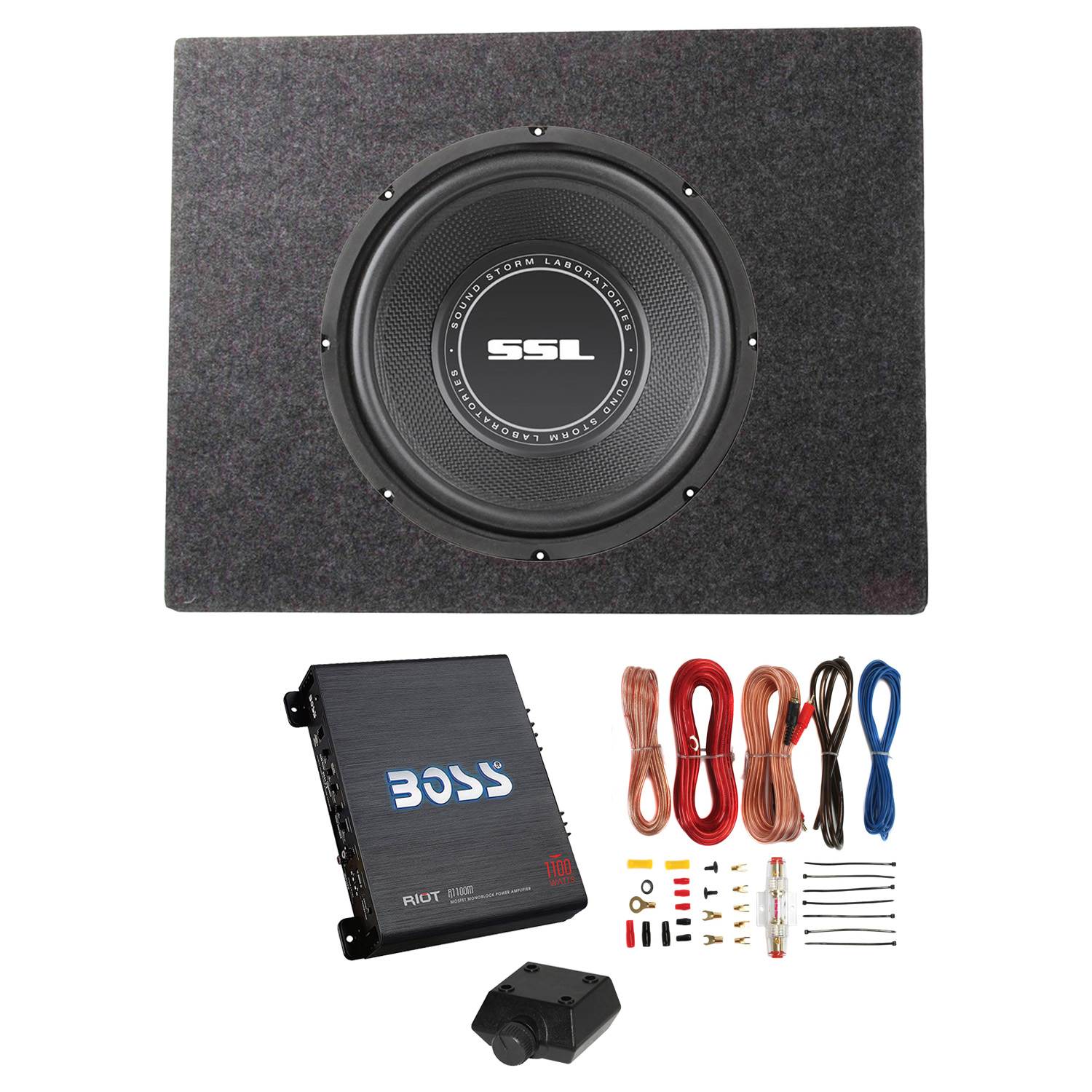 Sound Storm SS12 12" 800W Subwoofer + Shallow Enclosure + Amplifier & Wiring Kit