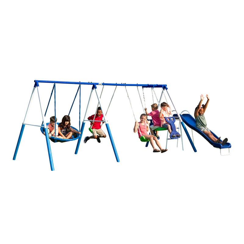 XDP Recreation All Star Playground Outdoor Swing Set, Rider, Super Disc & Slide